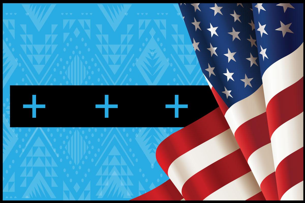 Flag on top of a blue tribal print with a black block going horizontal.